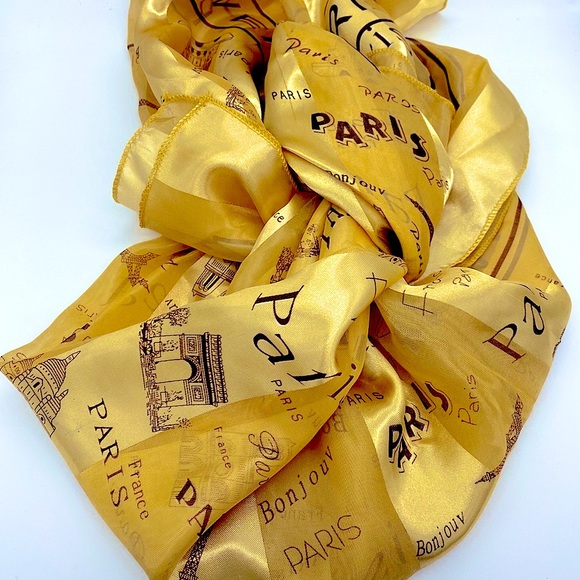 Accessories - Golden silky neck tie scarf Paris Theme Print